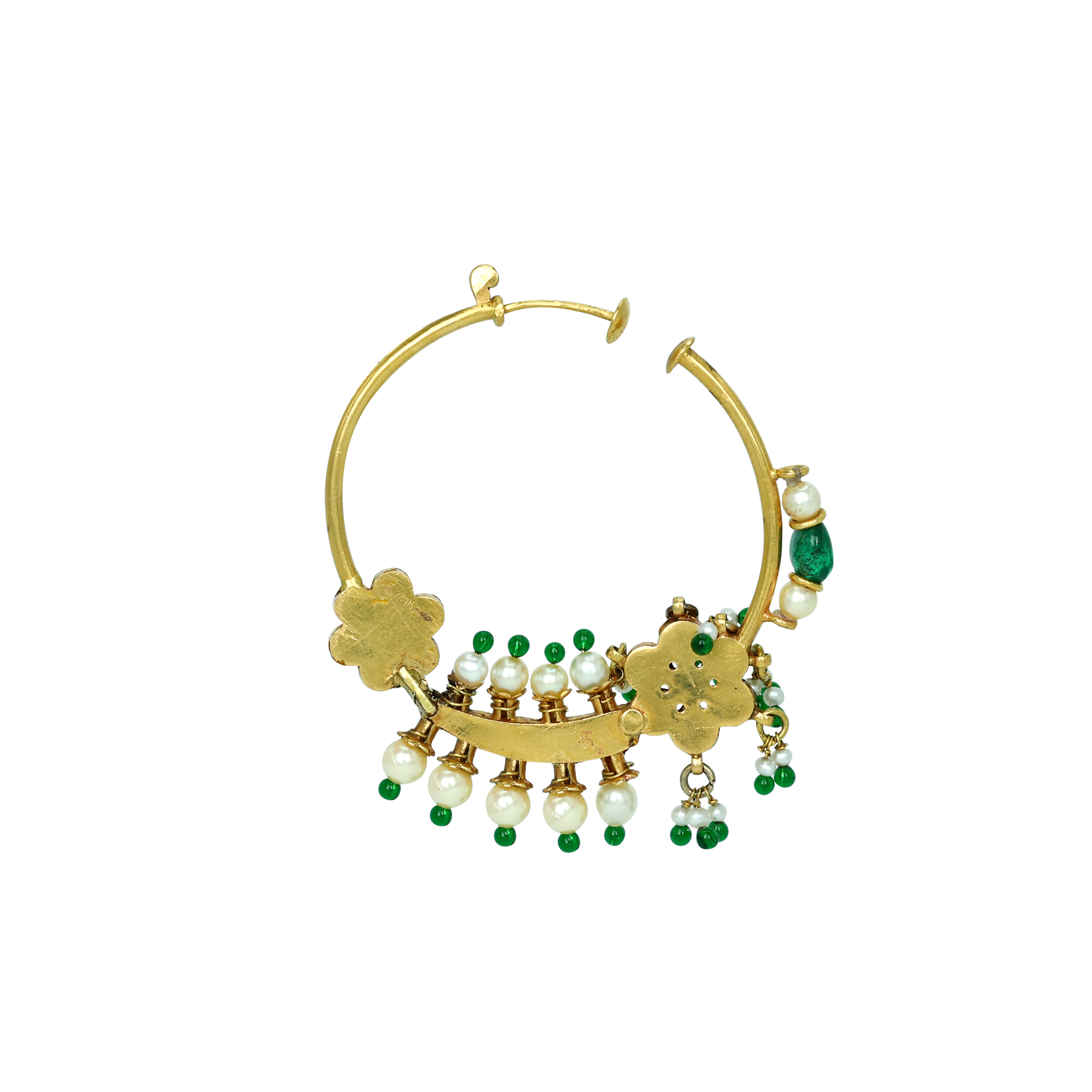 Polki Hoop Nath with Pearls, Emerald Beads, and Foral Motifs